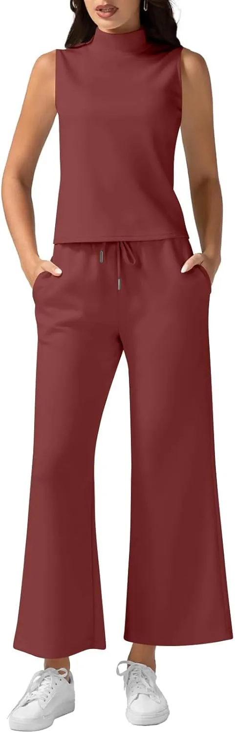 Two Piece Sets For Women Summer Dressy Sleeveless Mock Neck Tops Wide Leg Pants Tracksuit Matching Set Vacation Outfits