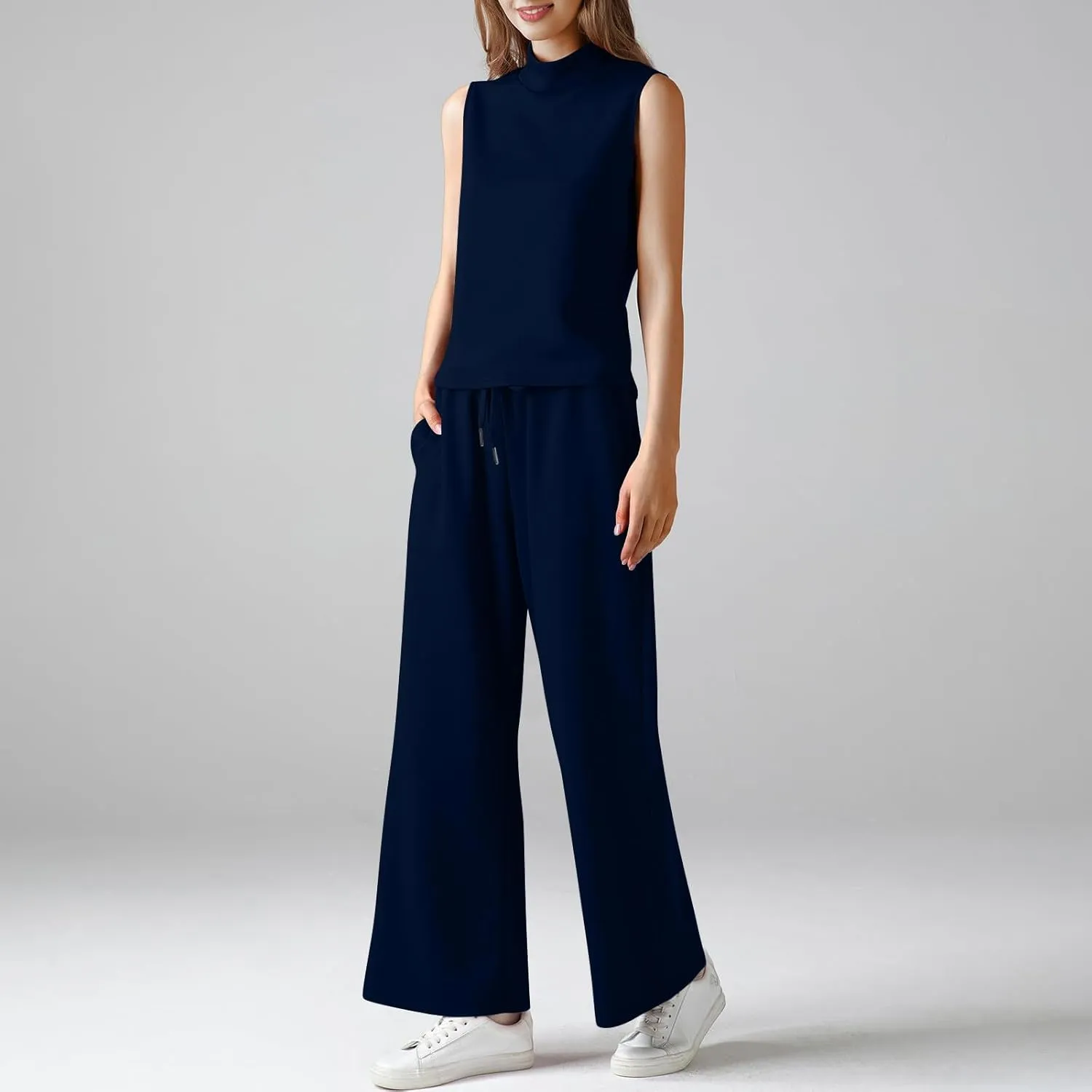 Two Piece Sets For Women Summer Dressy Sleeveless Mock Neck Tops Wide Leg Pants Tracksuit Matching Set Vacation Outfits