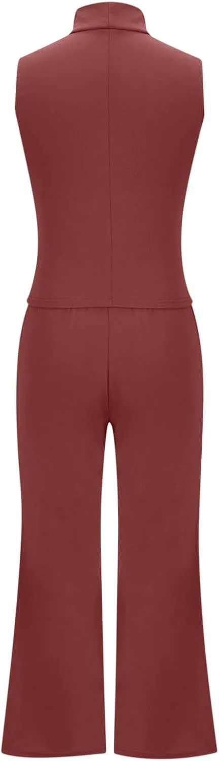 Two Piece Sets For Women Summer Dressy Sleeveless Mock Neck Tops Wide Leg Pants Tracksuit Matching Set Vacation Outfits