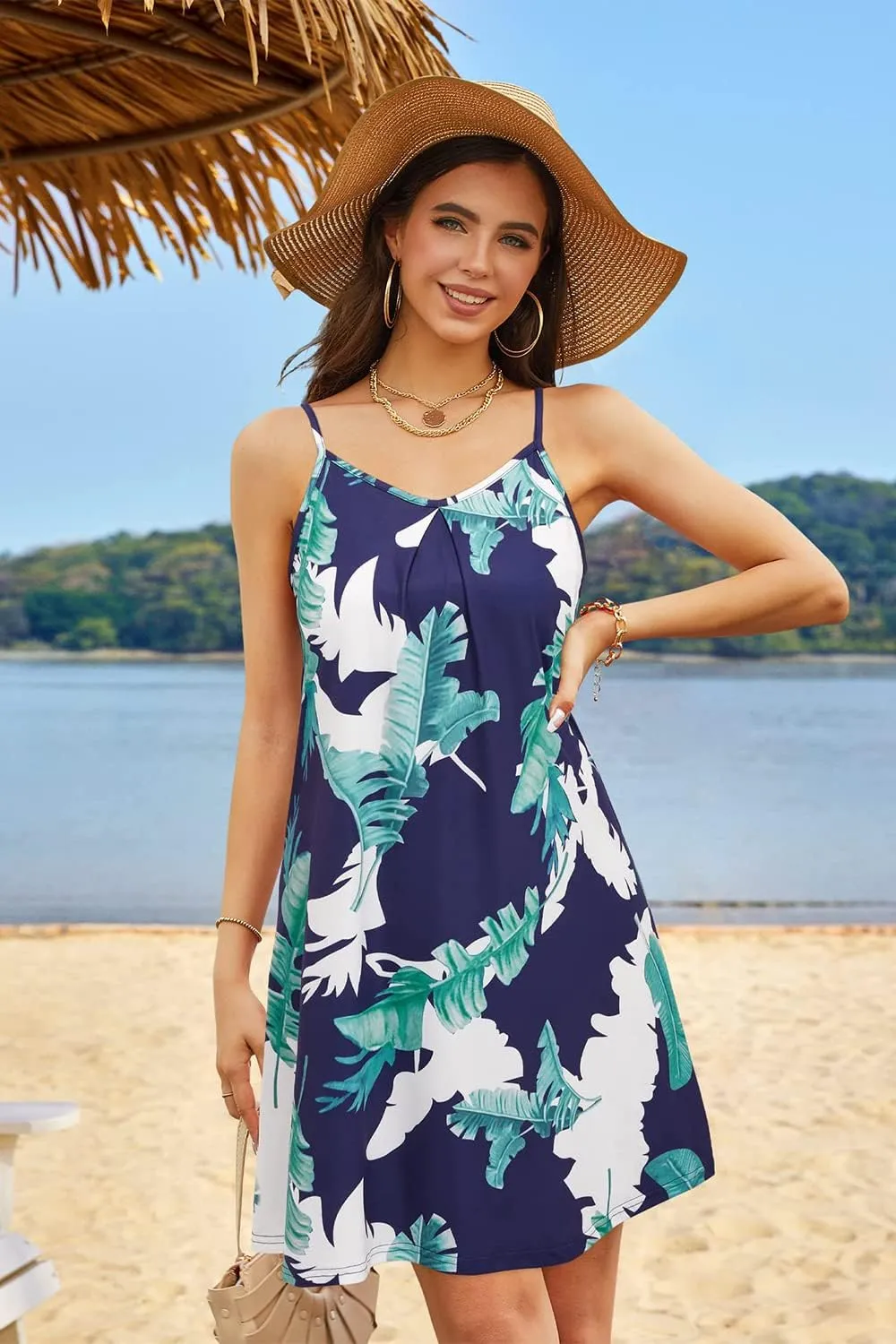 ULTRANICE Women's 2024 Summer Casual Beach Dresses Cover Ups Floral V Neck Spaghetti Strap Backless Mini Sun Dress