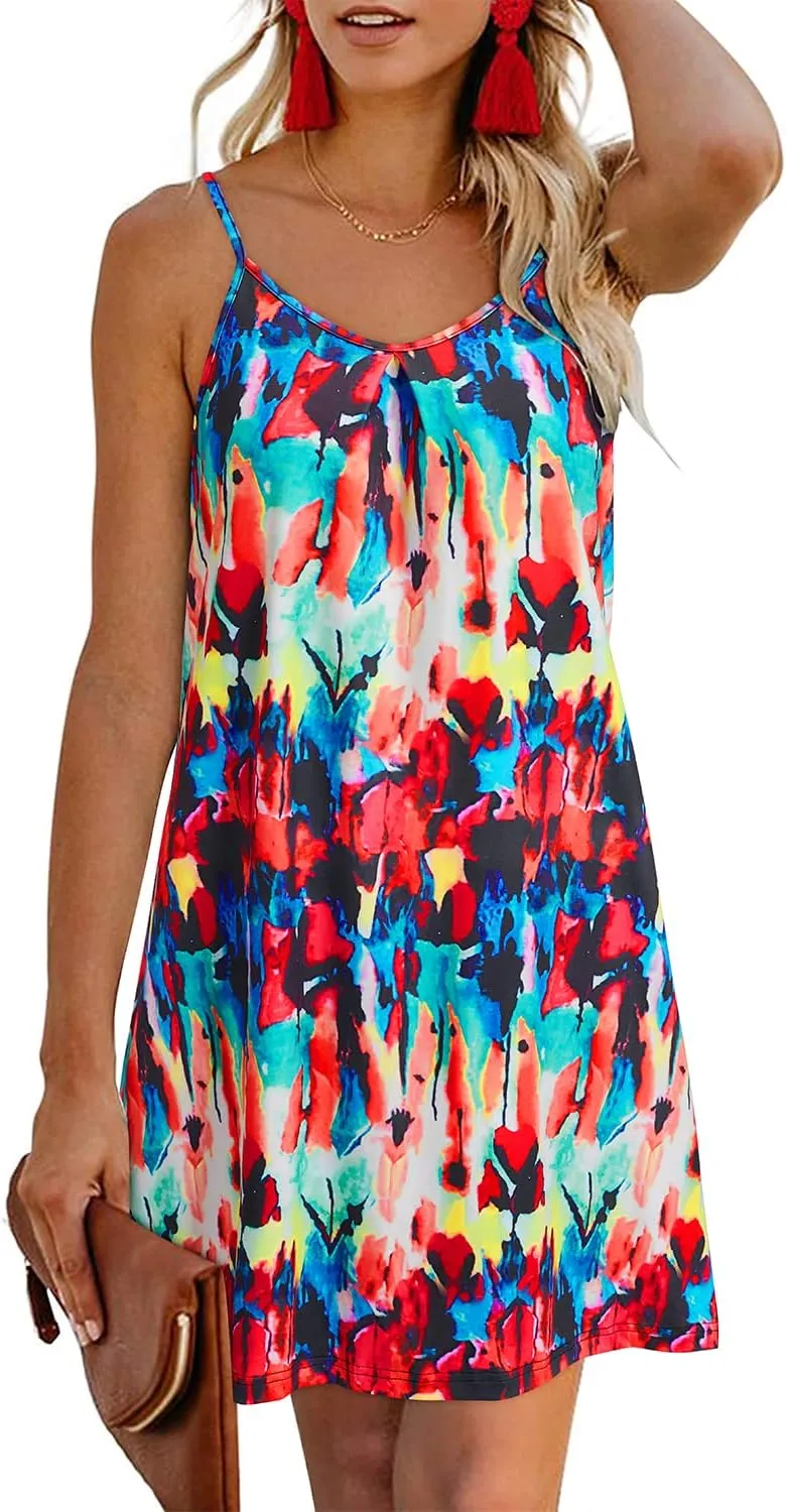 ULTRANICE Women's 2024 Summer Casual Beach Dresses Cover Ups Floral V Neck Spaghetti Strap Backless Mini Sun Dress