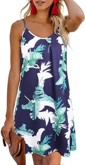ULTRANICE Women's 2024 Summer Casual Beach Dresses Cover Ups Floral V Neck Spaghetti Strap Backless Mini Sun Dress