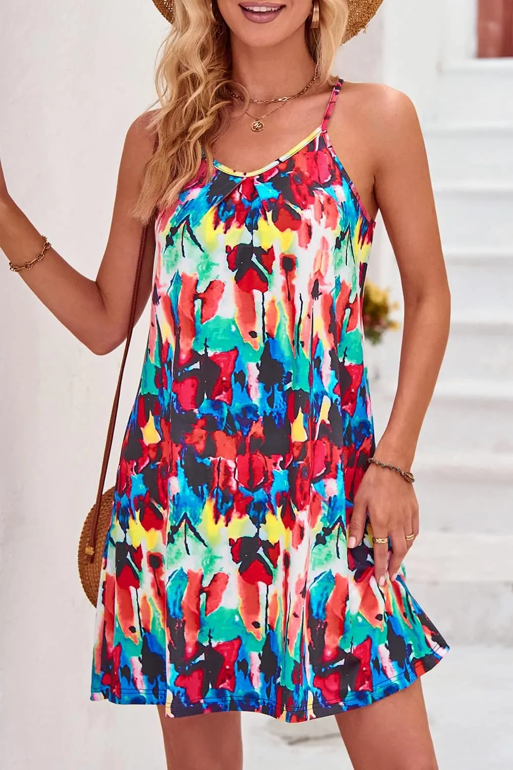 ULTRANICE Women's 2024 Summer Casual Beach Dresses Cover Ups Floral V Neck Spaghetti Strap Backless Mini Sun Dress
