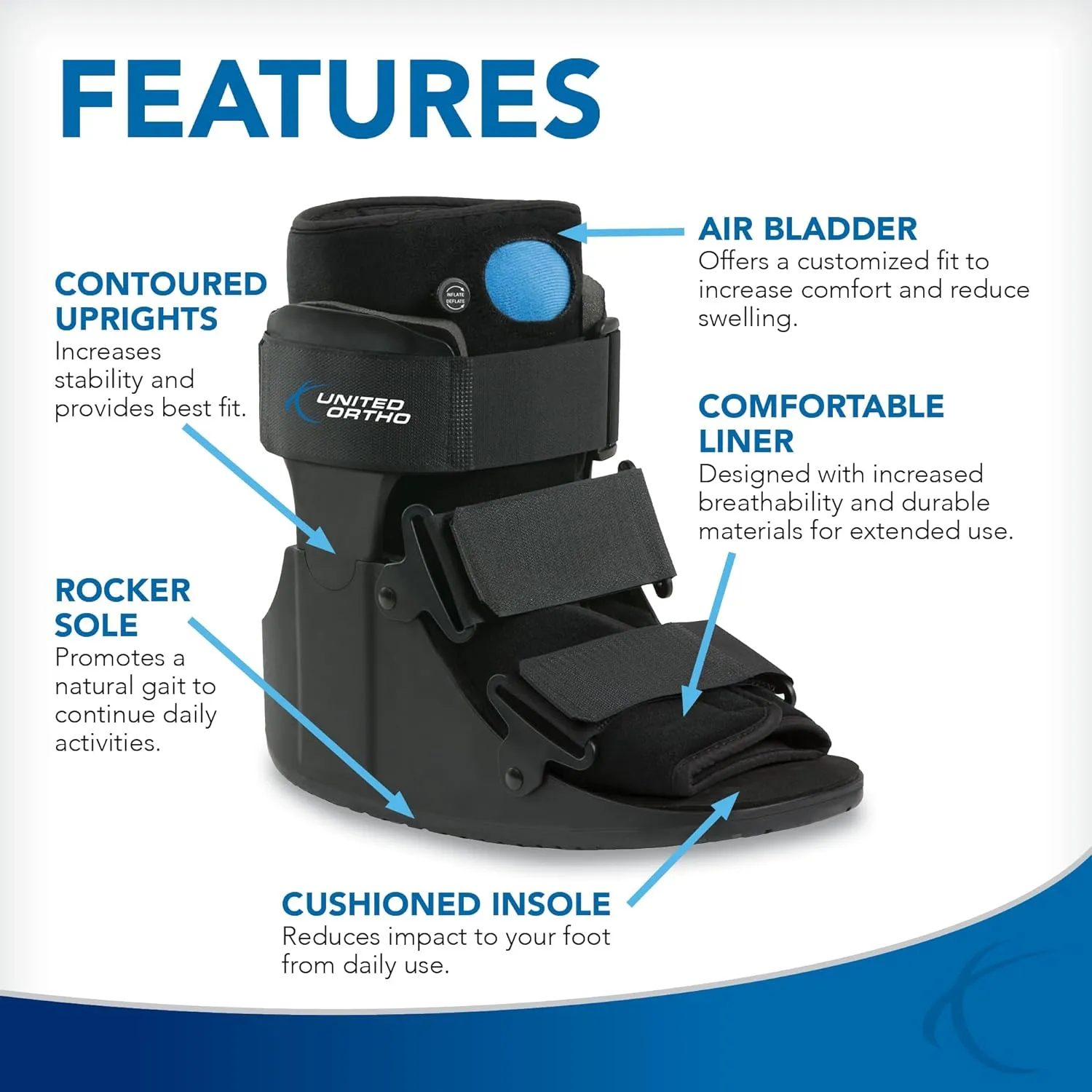 United Ortho Short Air Cam Walker Fracture Boot, Small, Black
