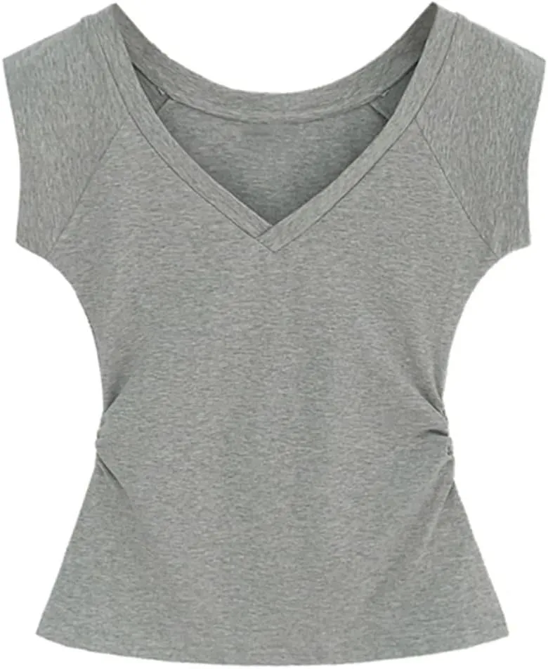Women Cotton Short Sleeve T-Shirt V Neck Casual Shirts Tops Summer Korean Basic Tees