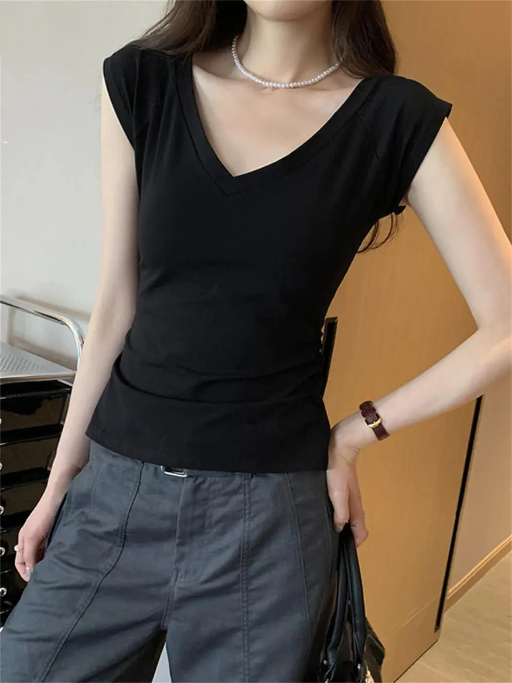 Women Cotton Short Sleeve T-Shirt V Neck Casual Shirts Tops Summer Korean Basic Tees