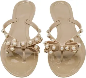 Women Flip-Flops Jelly Thong Rubber Strap Pearled Bow Sandals Beach Flat Rivets Rain Shoes
