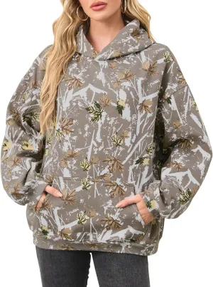 Women Oversized Fleece Camo Hoodies Maple Leaf Hooded Sweatshirt Casual Long Sleeve Fall Pullover Tops With Pockets