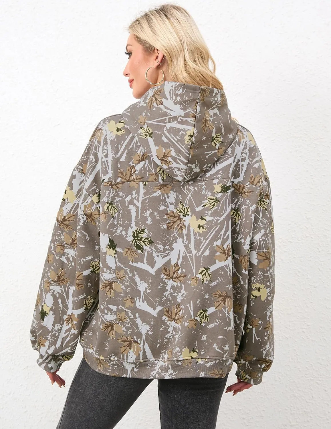 Women Oversized Fleece Camo Hoodies Maple Leaf Hooded Sweatshirt Casual Long Sleeve Fall Pullover Tops With Pockets