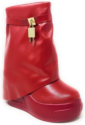 Women Round Toe Wedge Heel Fold Over Mid-calf Pull On Boots