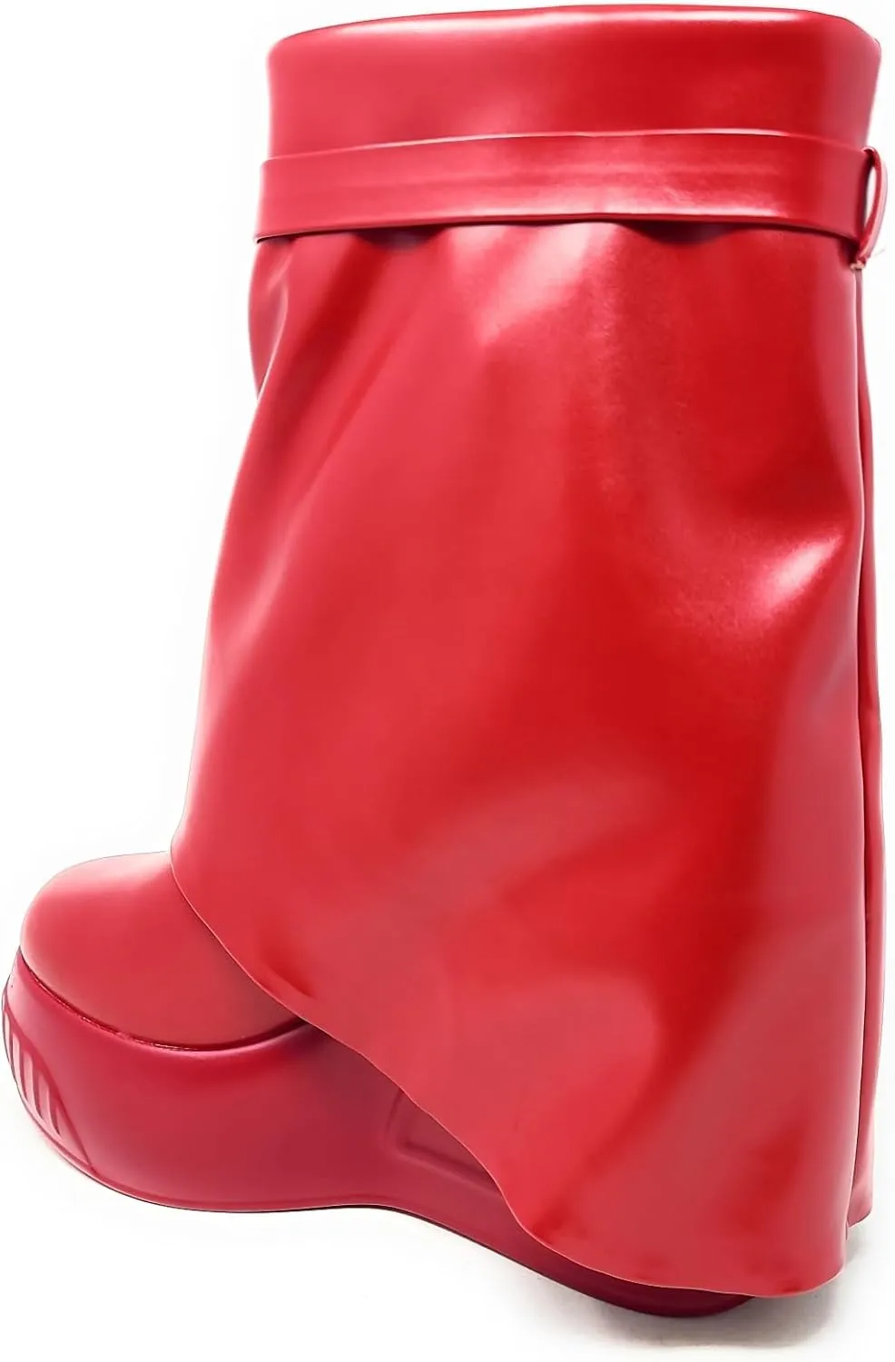 Women Round Toe Wedge Heel Fold Over Mid-calf Pull On Boots