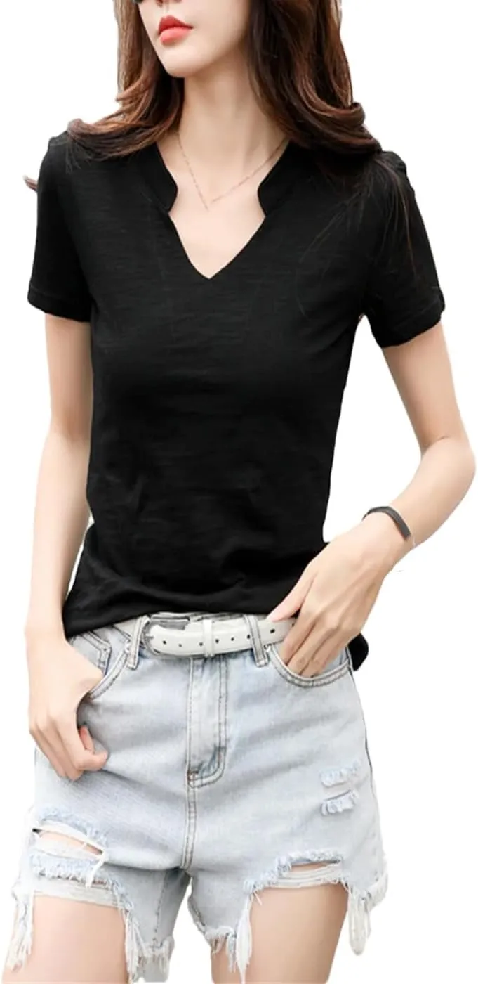Women Summer Cotton T-Shirt Ladies V-Neck Soft Tees Female Basic Fashion Trendy Classic Tops