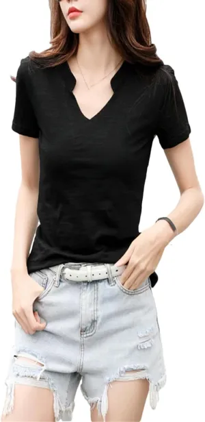 Women Summer Cotton T-Shirt Ladies V-Neck Soft Tees Female Basic Fashion Trendy Classic Tops