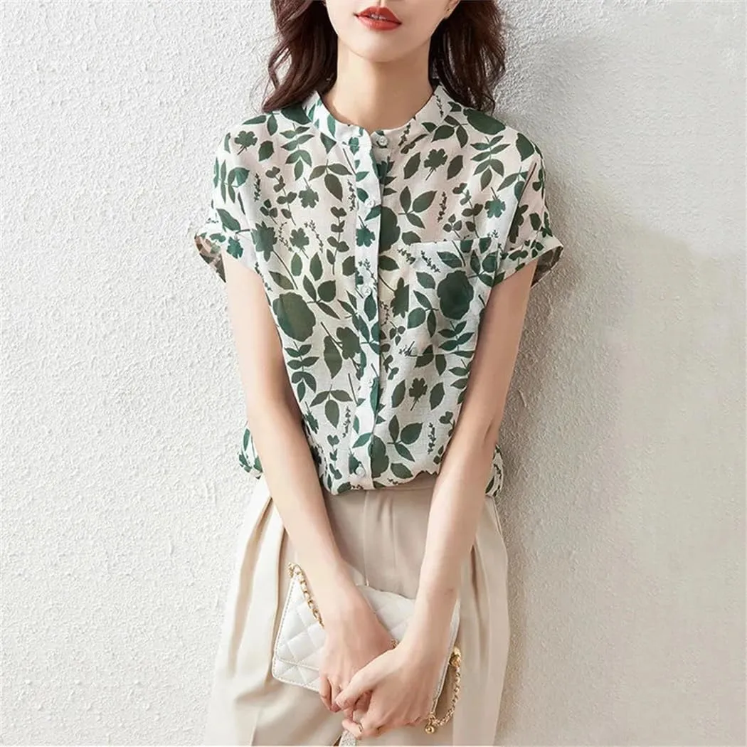 Women Summer Trendy Blouses Tops Lady Short Sleeve Stand Collar Print Casual T-Shirts Tops