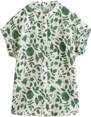 Women Summer Trendy Blouses Tops Lady Short Sleeve Stand Collar Print Casual T-Shirts Tops