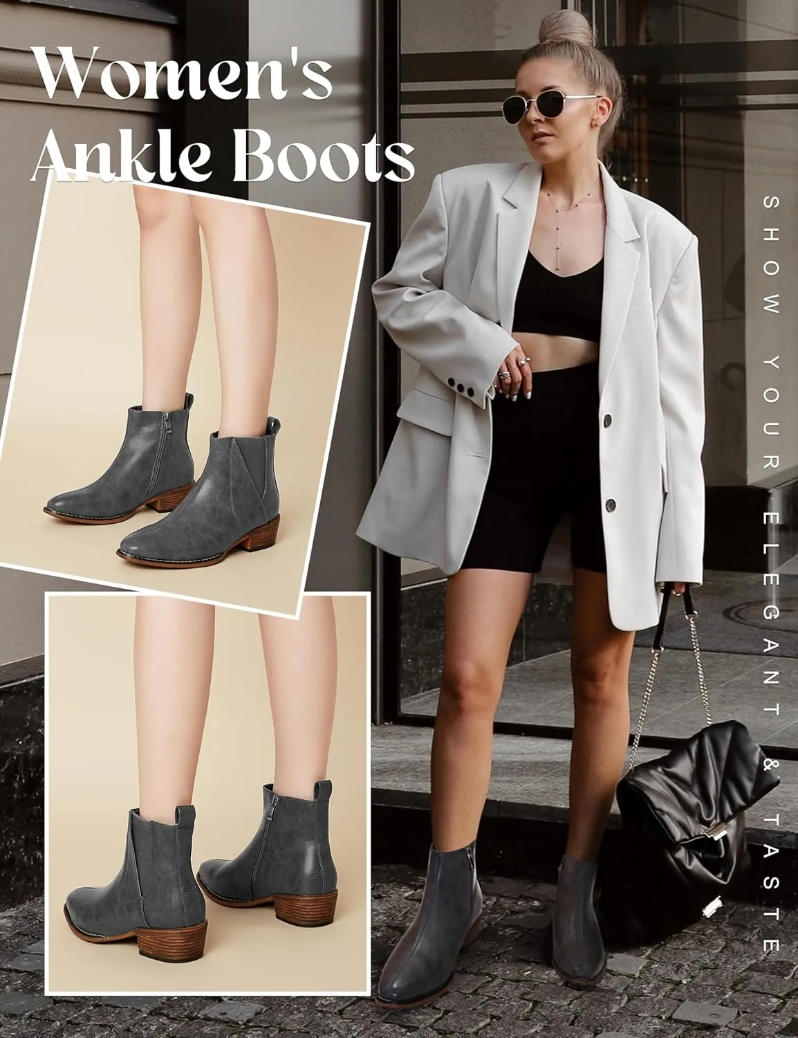 Women's Ankle Boots Mid-height Heels Chelsea Zipper Dressy Booties