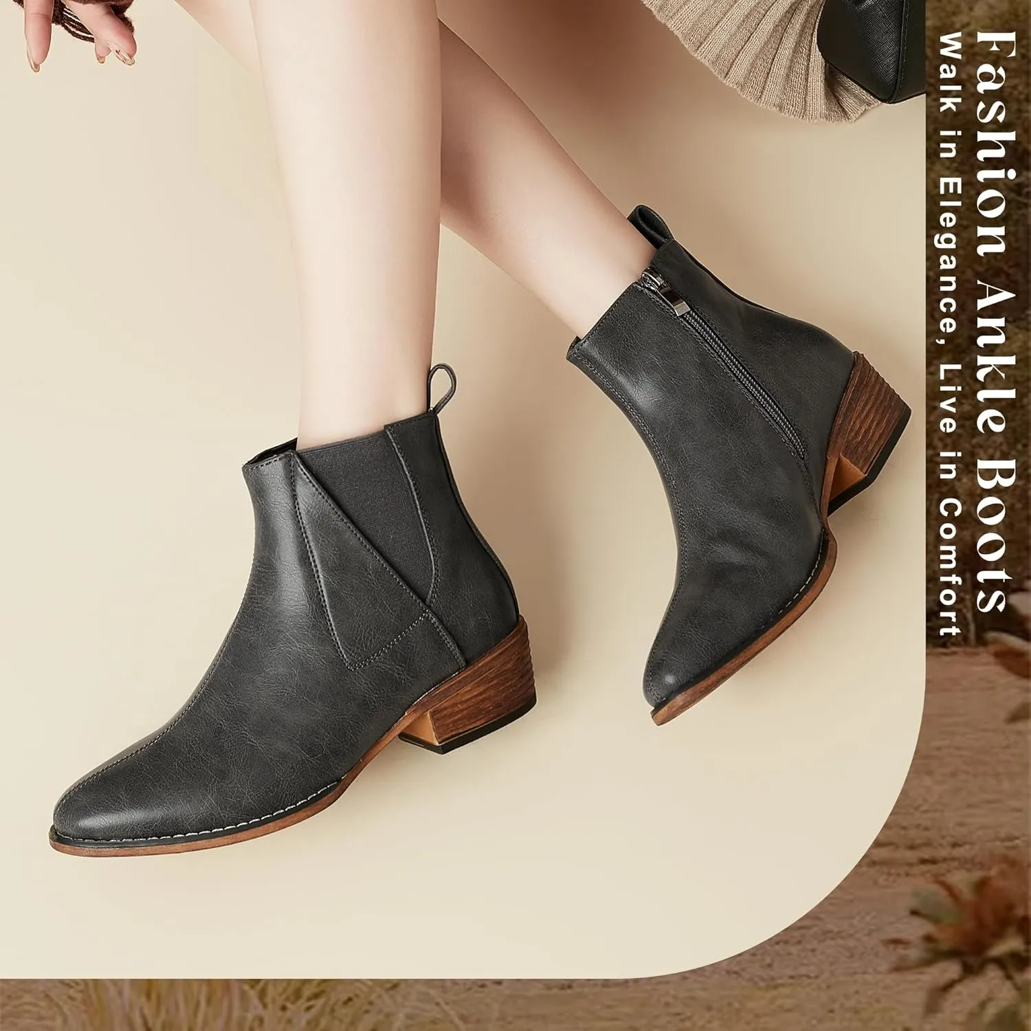 Women's Ankle Boots Mid-height Heels Chelsea Zipper Dressy Booties