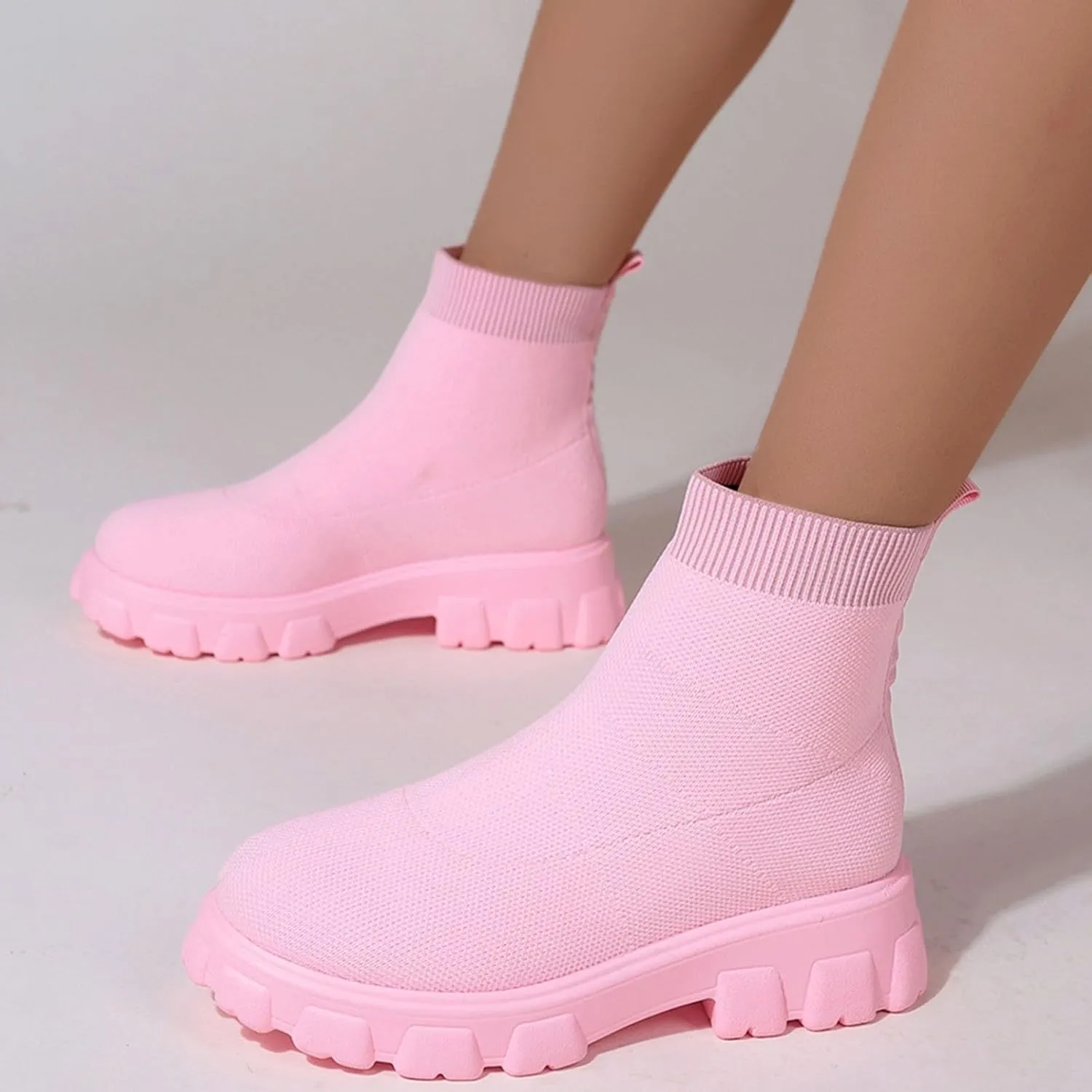 Womens Booties Low Heel Knit Boots Platform Ankle Boots Women's Boots Elastic Platform Ankle Booties Chunky Heel Boots