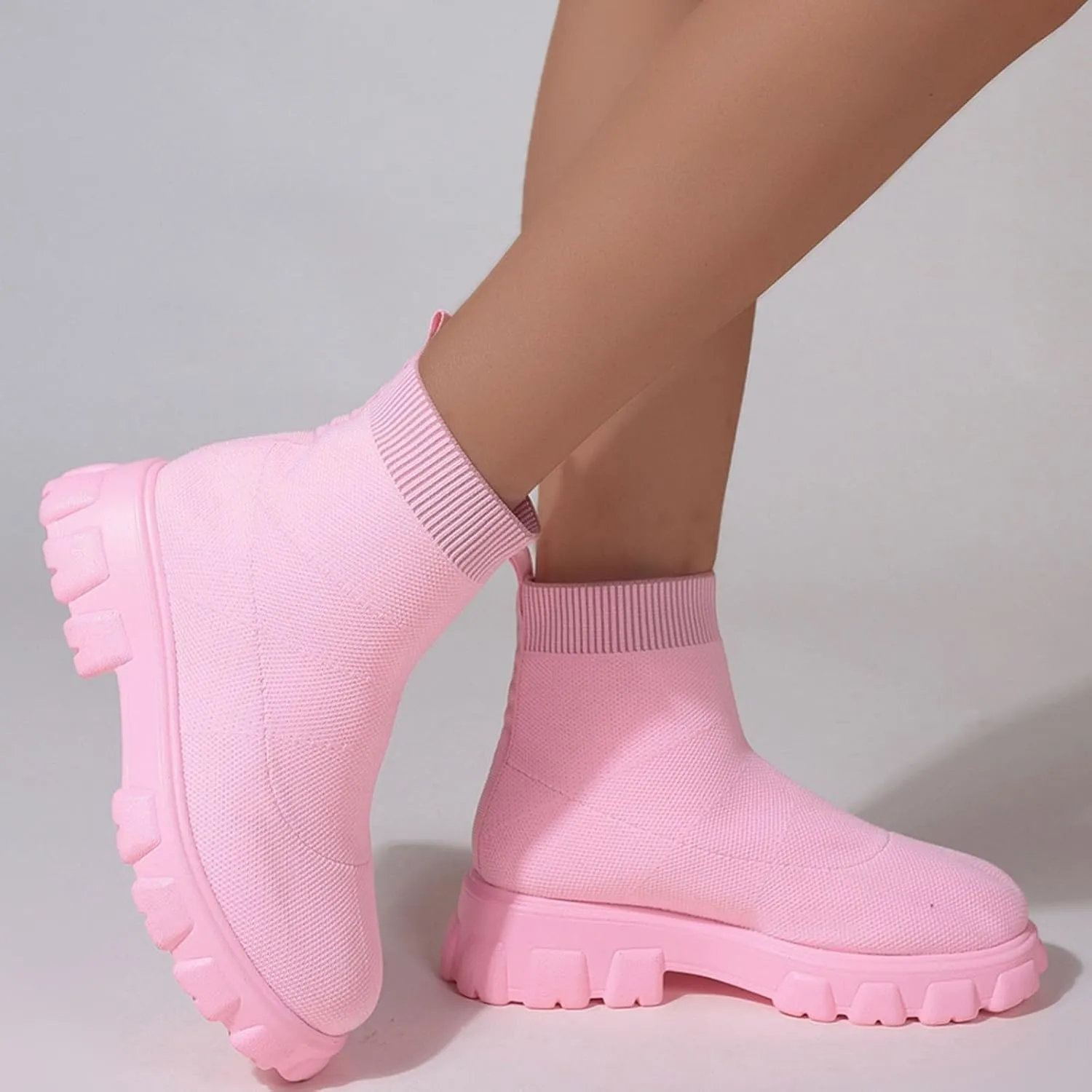Womens Booties Low Heel Knit Boots Platform Ankle Boots Women's Boots Elastic Platform Ankle Booties Chunky Heel Boots