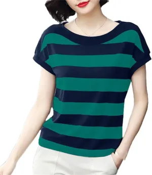 Women's Clothing Comfortable Cotton Striped T-Shirt Summer Short Sleeve Round Neck Loose Elegant Trendy Shirt