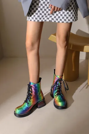 Women's Colorful Combat Ankle Boots Round Toe Platform Lace Up Ankle Boots Sparkly Ankle Boots