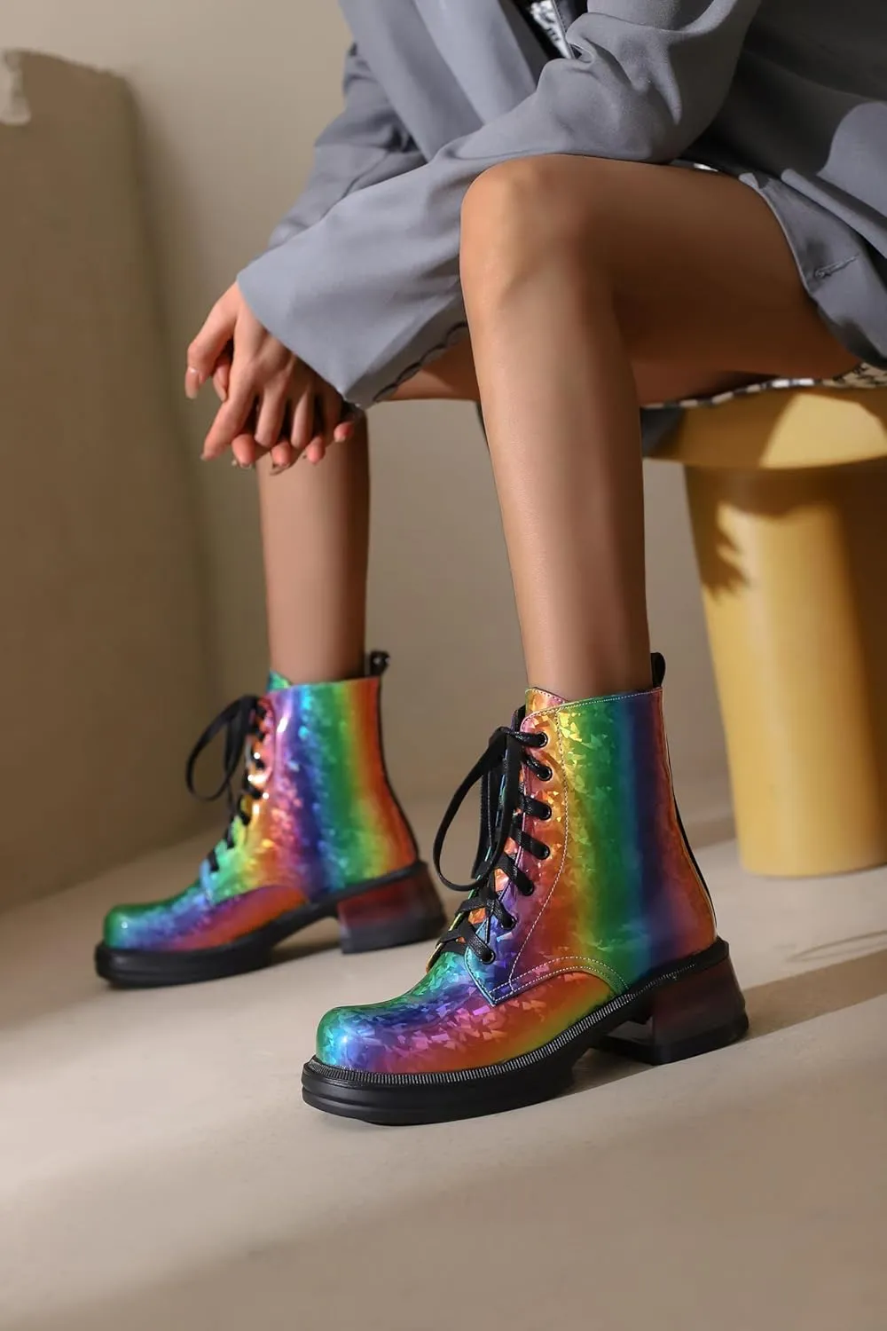 Women's Colorful Combat Ankle Boots Round Toe Platform Lace Up Ankle Boots Sparkly Ankle Boots
