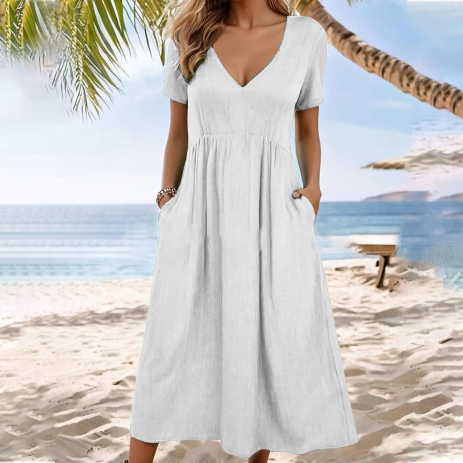 Womens Dresses Casual Cotton Linen Ruched Empire Waist A-Line Sun Dress Loose Fitting Pockets Maxi Summer Dresses