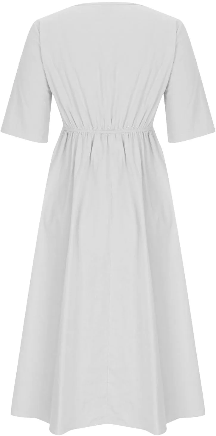 Womens Dresses Casual Cotton Linen Ruched Empire Waist A-Line Sun Dress Loose Fitting Pockets Maxi Summer Dresses