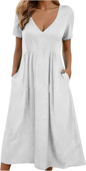 Womens Dresses Casual Cotton Linen Ruched Empire Waist A-Line Sun Dress Loose Fitting Pockets Maxi Summer Dresses