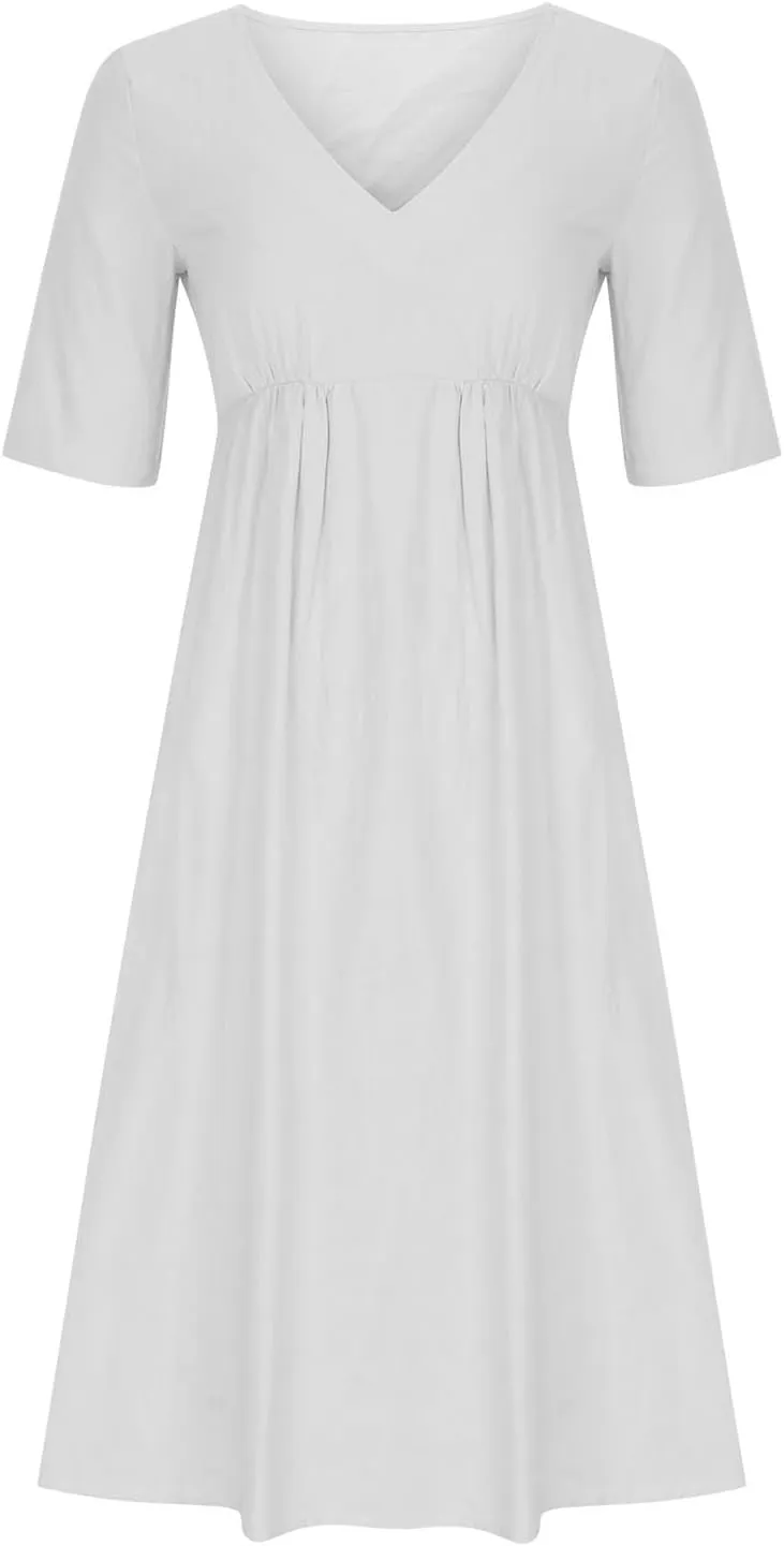 Womens Dresses Casual Cotton Linen Ruched Empire Waist A-Line Sun Dress Loose Fitting Pockets Maxi Summer Dresses