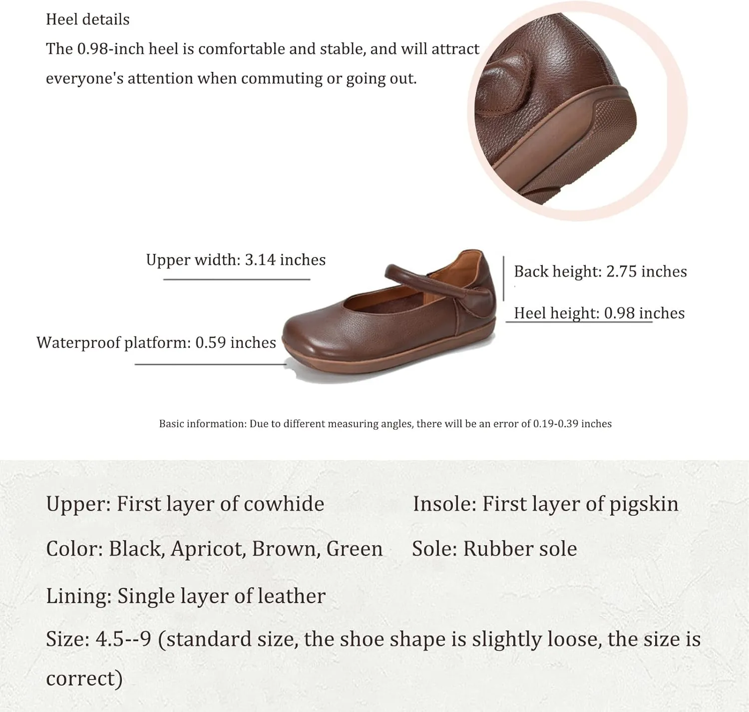 Women's Genuine Leather Square Wide Toe Retro Flat Mary Jane Flats with Hook and Loop Comfort Non-Slip Soft Sole Slip-On Casual Walking Mam Shoes Work Loafers