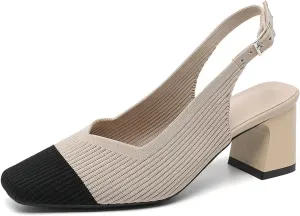 Womens Knit Slingback Low Chunky Block Heel Pumps with Elastic Ankle Strap Comfort Closed Square Toe Block Heel Backless Dress Shoes for Evening Party Bride Wedding
