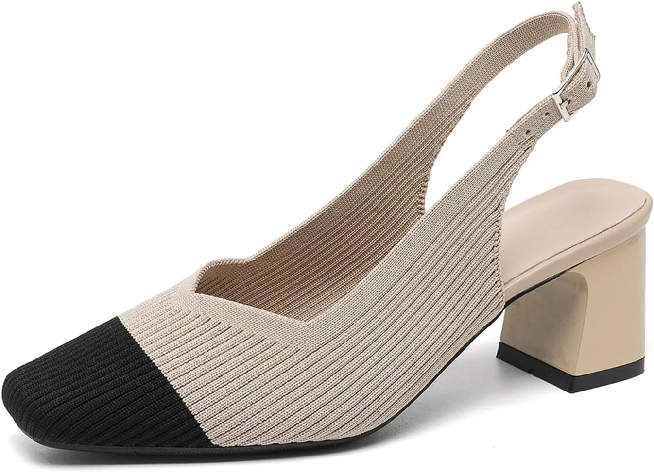 Womens Knit Slingback Low Chunky Block Heel Pumps with Elastic Ankle Strap Comfort Closed Square Toe Block Heel Backless Dress Shoes for Evening Party Bride Wedding