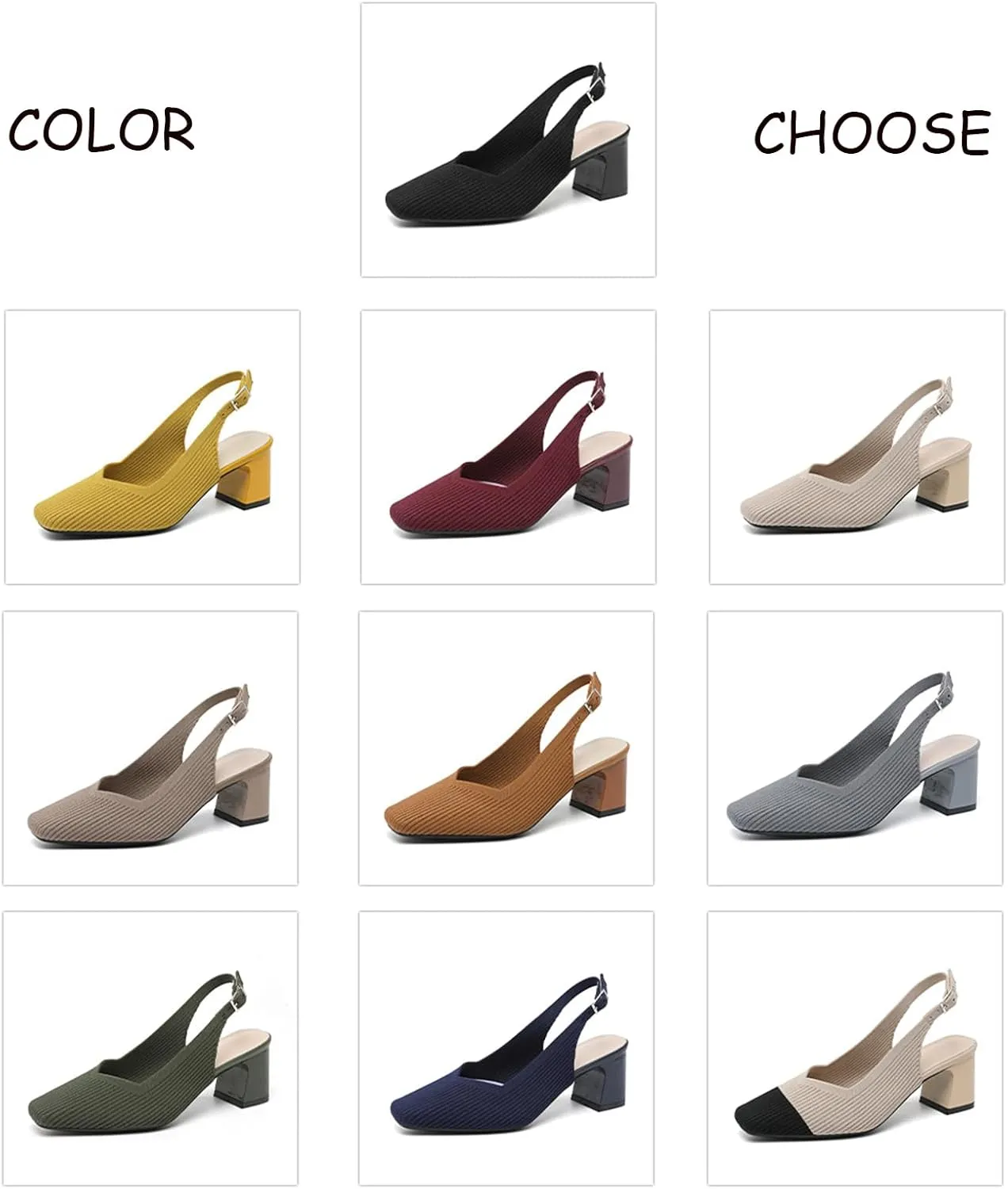 Womens Knit Slingback Low Chunky Block Heel Pumps with Elastic Ankle Strap Comfort Closed Square Toe Block Heel Backless Dress Shoes for Evening Party Bride Wedding