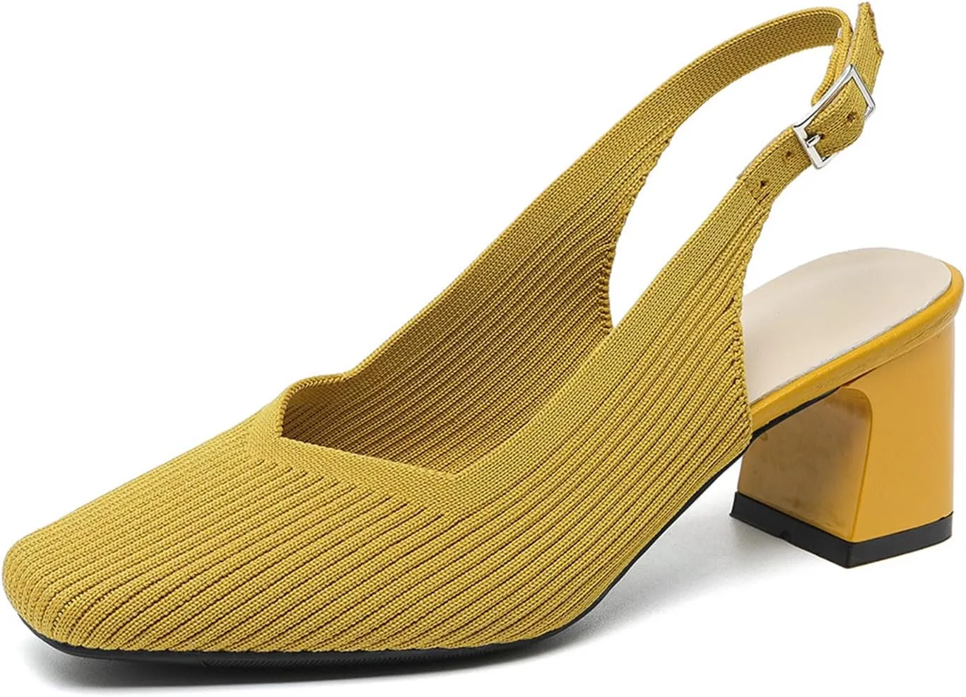 Womens Knit Slingback Low Chunky Block Heel Pumps with Elastic Ankle Strap Comfort Closed Square Toe Block Heel Backless Dress Shoes for Evening Party Bride Wedding