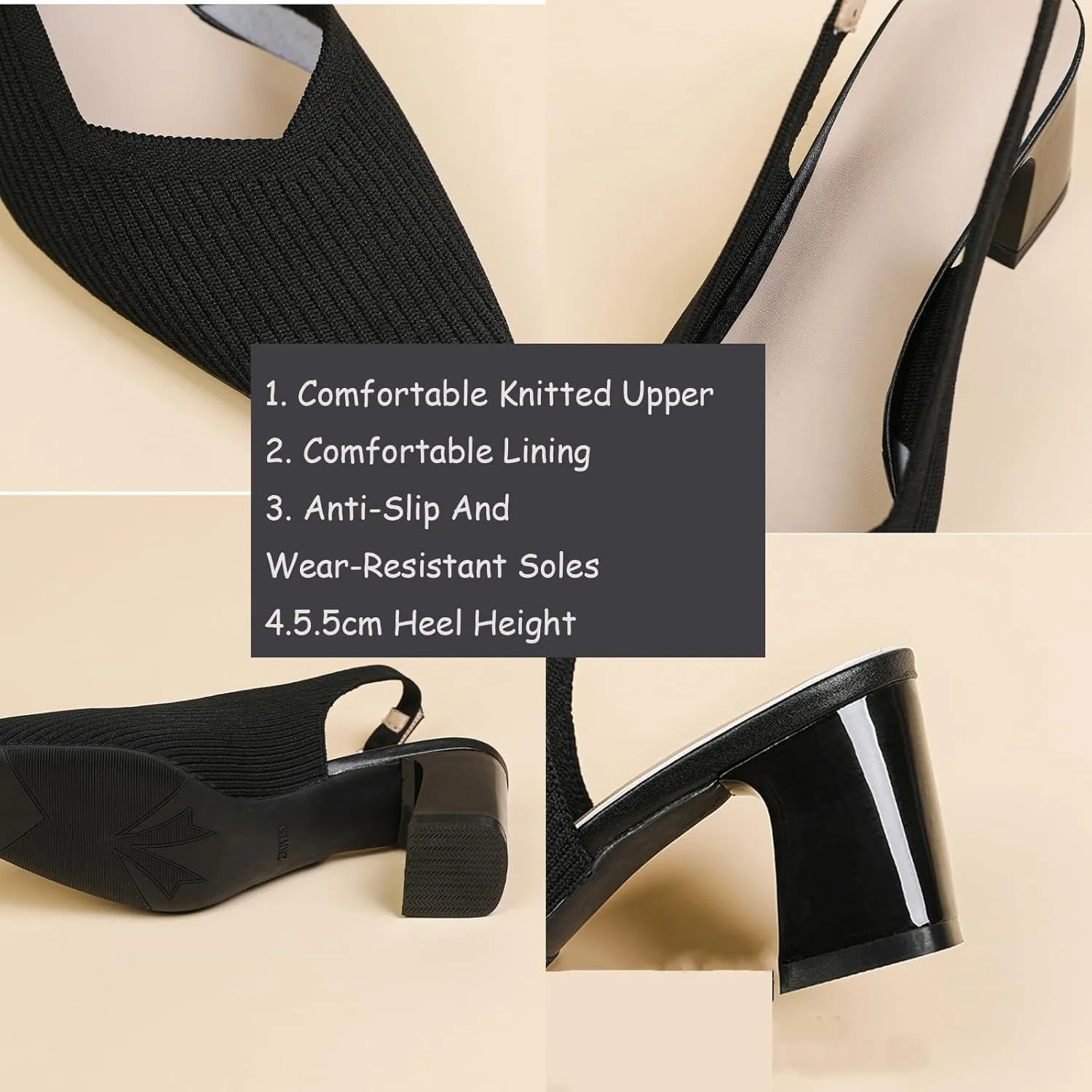 Womens Knit Slingback Low Chunky Block Heel Pumps with Elastic Ankle Strap Comfort Closed Square Toe Block Heel Backless Dress Shoes for Evening Party Bride Wedding