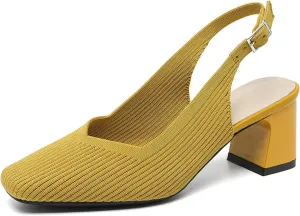 Womens Knit Slingback Low Chunky Block Heel Pumps with Elastic Ankle Strap Comfort Closed Square Toe Block Heel Backless Dress Shoes for Evening Party Bride Wedding