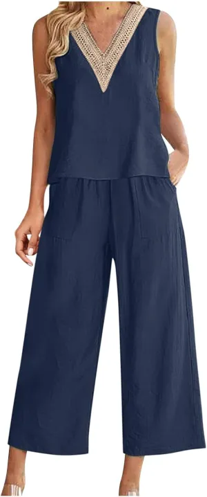 Womens Linen 2 Piece Outfits Casual Summer 2024 Sleeveless v Neck Crop Top Wide Leg Capri Pants Matching Set Loungewear