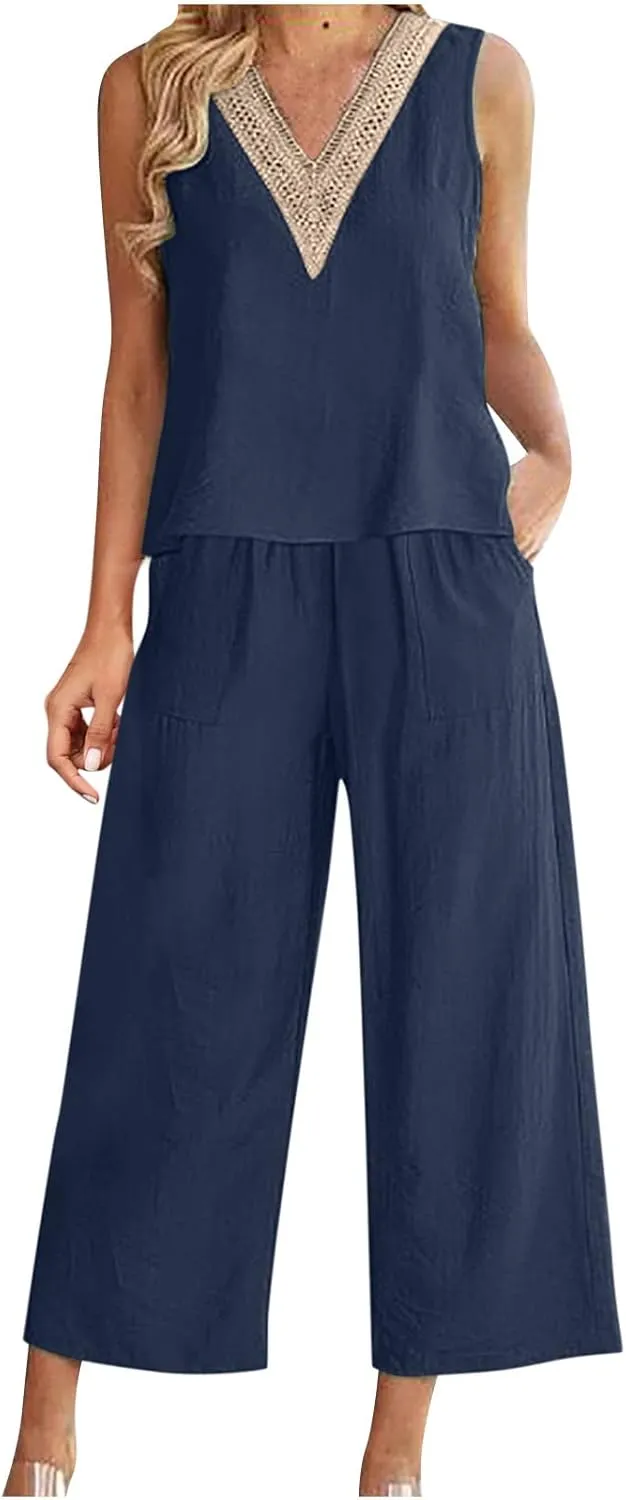 Womens Linen 2 Piece Outfits Casual Summer 2024 Sleeveless v Neck Crop Top Wide Leg Capri Pants Matching Set Loungewear