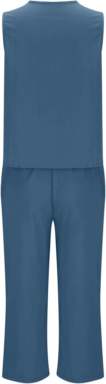 Womens Linen 2 Piece Outfits Casual Summer 2024 Sleeveless v Neck Crop Top Wide Leg Capri Pants Matching Set Loungewear