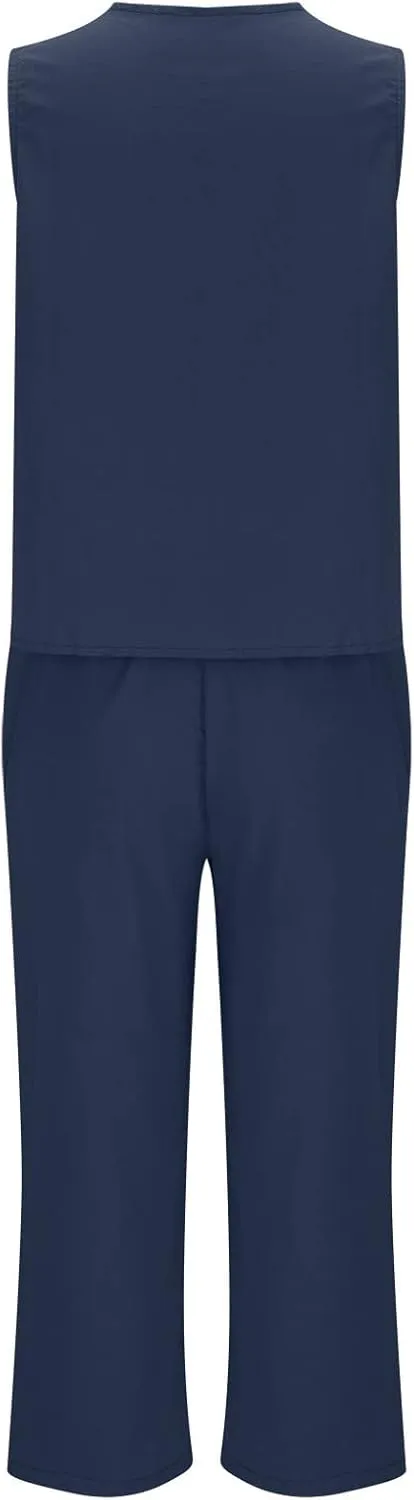 Womens Linen 2 Piece Outfits Casual Summer 2024 Sleeveless v Neck Crop Top Wide Leg Capri Pants Matching Set Loungewear