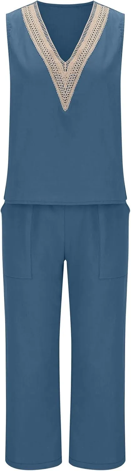 Womens Linen 2 Piece Outfits Casual Summer 2024 Sleeveless v Neck Crop Top Wide Leg Capri Pants Matching Set Loungewear