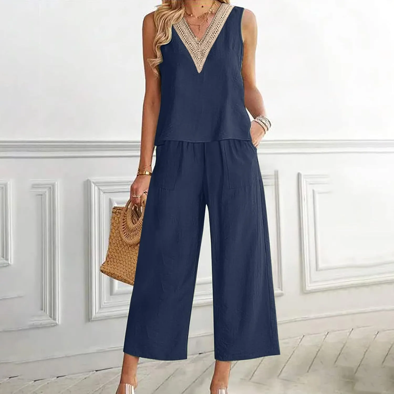 Womens Linen 2 Piece Outfits Casual Summer 2024 Sleeveless v Neck Crop Top Wide Leg Capri Pants Matching Set Loungewear