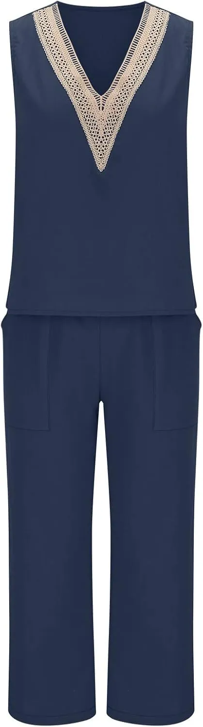 Womens Linen 2 Piece Outfits Casual Summer 2024 Sleeveless v Neck Crop Top Wide Leg Capri Pants Matching Set Loungewear