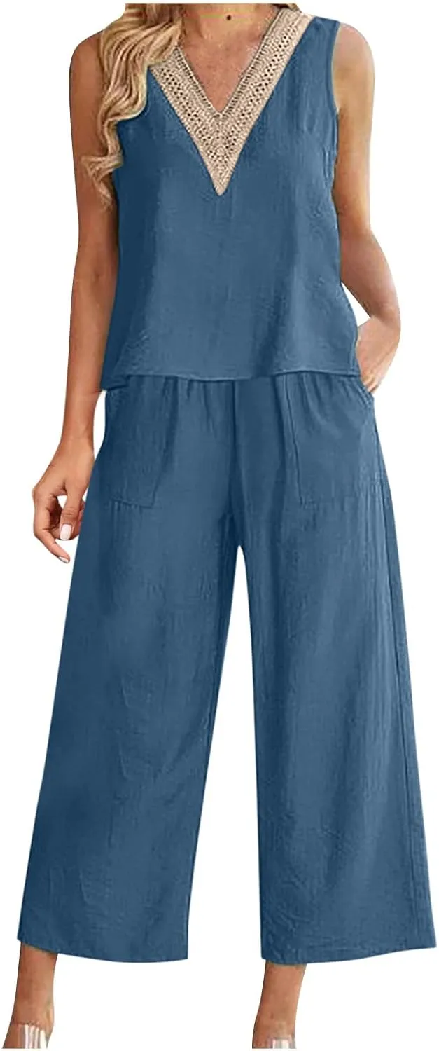 Womens Linen 2 Piece Outfits Casual Summer 2024 Sleeveless v Neck Crop Top Wide Leg Capri Pants Matching Set Loungewear