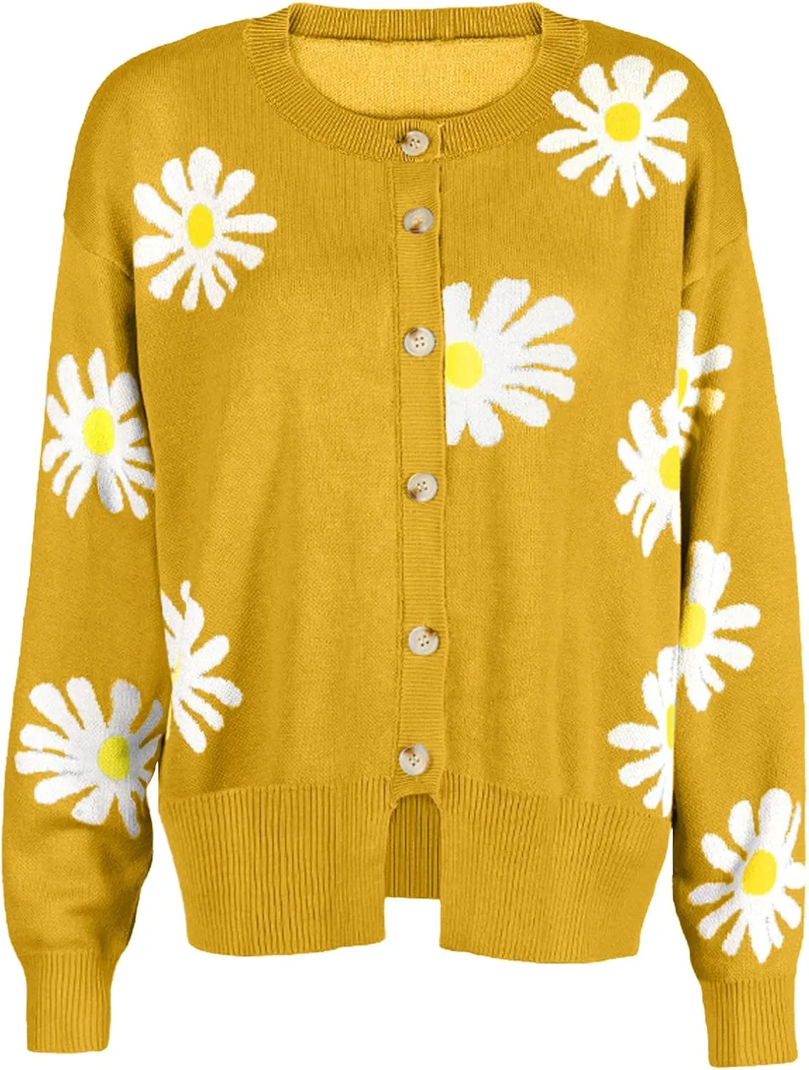 Womens Long Sleeve Button Comfy Sweater Cute Flower Graphic Cardigan Button Trendy Open Front Fall Clothes