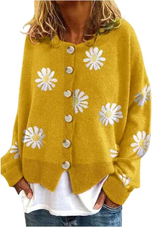 Womens Long Sleeve Button Comfy Sweater Cute Flower Graphic Cardigan Button Trendy Open Front Fall Clothes