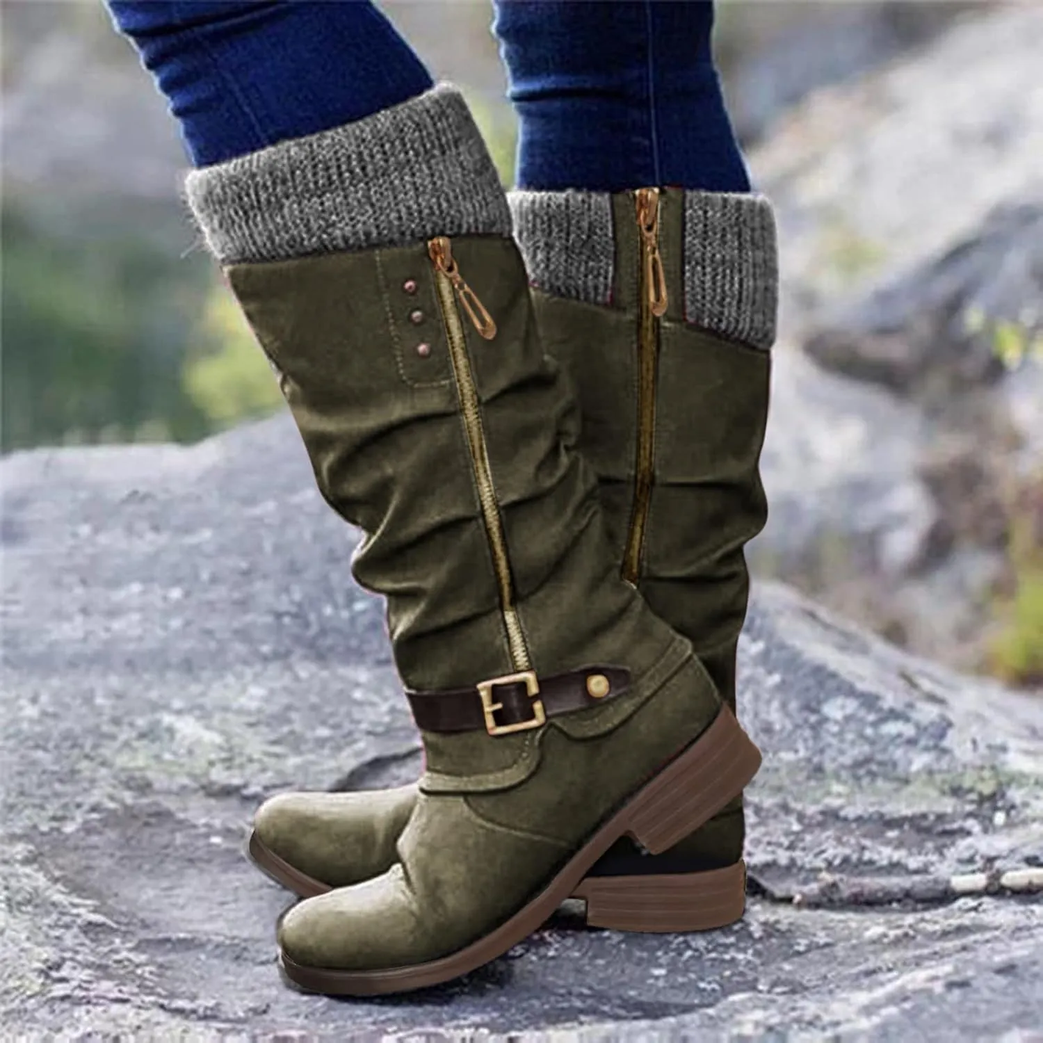 Women's Over The Knee Thigh High Boots Fashion Casual Leather Splicing Round Toe Platform Chunky Heel Long Boots Stretch Warm Sexy Fall Boots Knitted Winter Dress Tall Booties Shoes