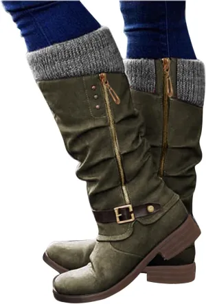 Women's Over The Knee Thigh High Boots Fashion Casual Leather Splicing Round Toe Platform Chunky Heel Long Boots Stretch Warm Sexy Fall Boots Knitted Winter Dress Tall Booties Shoes