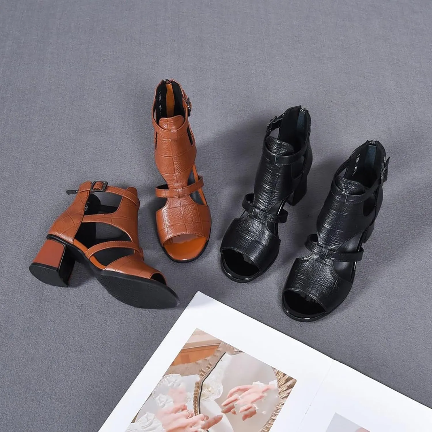 Women's Peep Toe Chunky Heel High Top Sandals Summer Side Cutout Back Ankle Strap Buckle Zipper Booties Sexy Open Toe Outdoor Ladies Wedding Roman Sandals heeled sandals